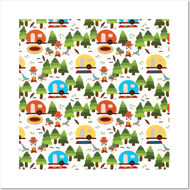 Campsite with caravans, campfire, camping chairs, trees, carpet, birds. Camping in the forest. Campground. RV. Camp night. Big scale. Wall Art by Sandra Hutter Designs